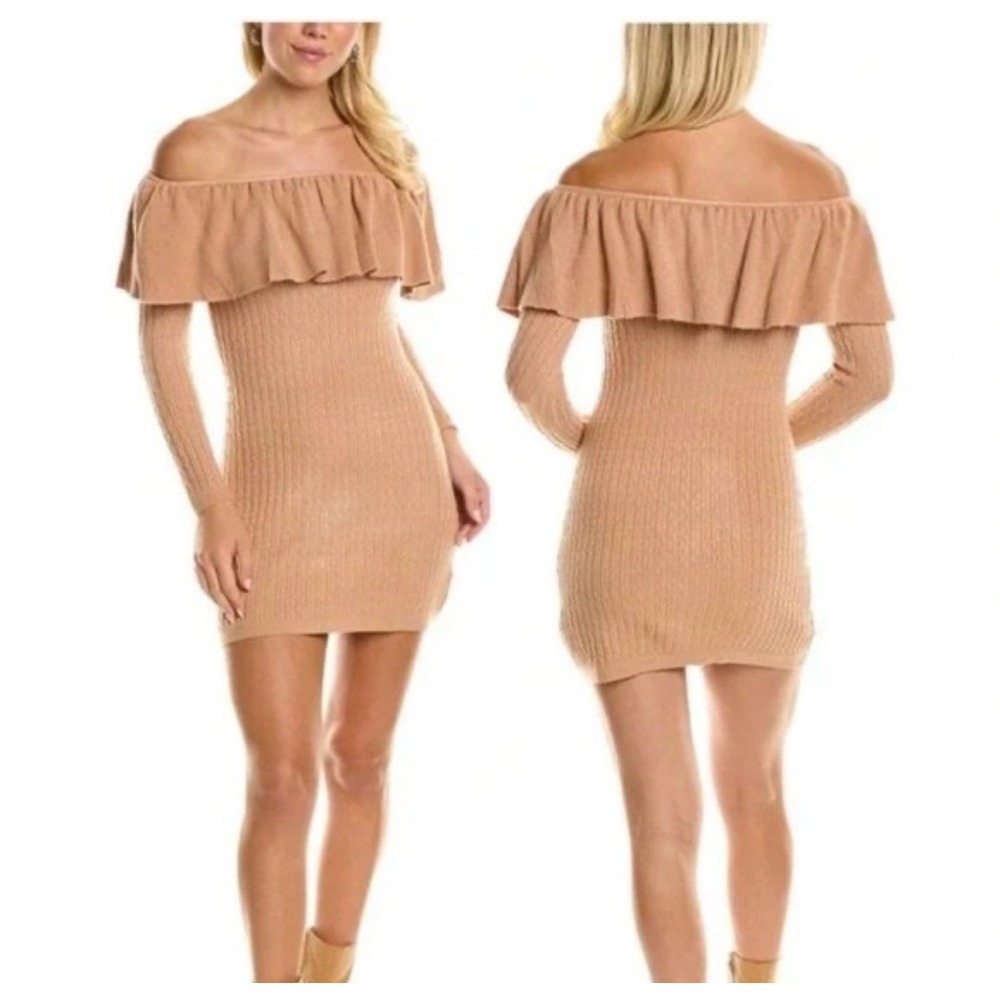 Olivaceous NWT Women Tan Ruffle Off Shoulder Cable Knit Bodycon Mini Dress Large